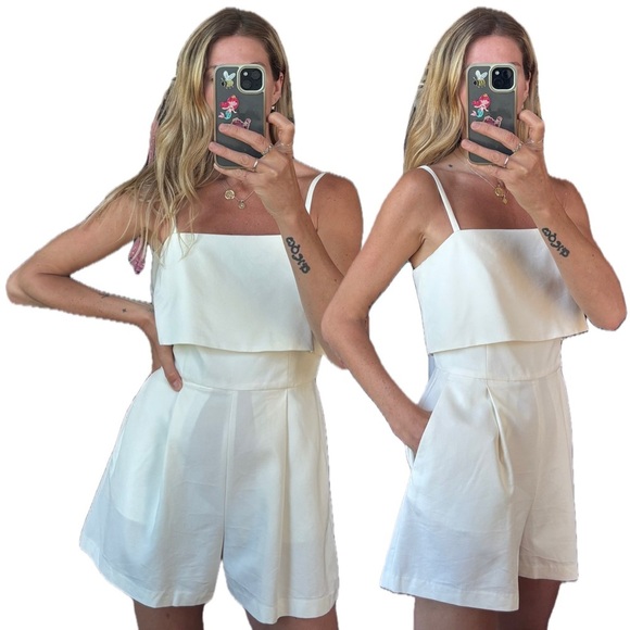 Club Monaco Pants - Club Monaco Crepe Textured Cream Spaghetti Strap Romper Playsuit with Pockets
